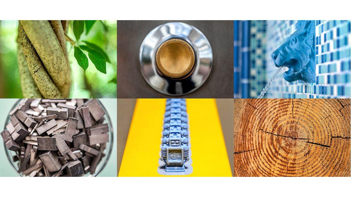 A collage of photos that includes a sculpture of a lion head as a fountain; a silver and brass button on the 老好了; branches of a tree wrapping around each other; the rings of a cut tree trunk; blue 3D printing robots in a line; and a cup of steel pieces from a letter press.